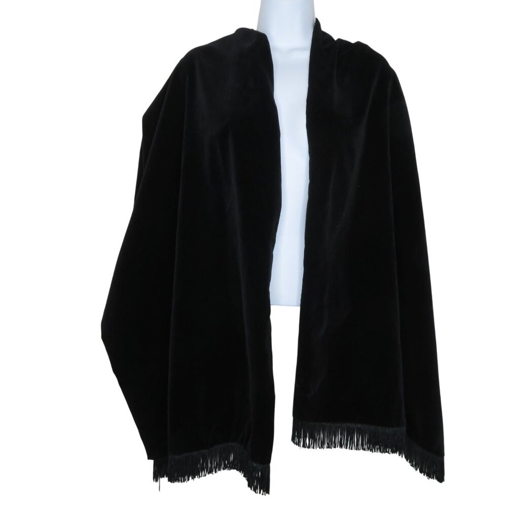 Vintage Black Velvet Wrap Shawl OS Fringe Lined 22"x76" USA Made